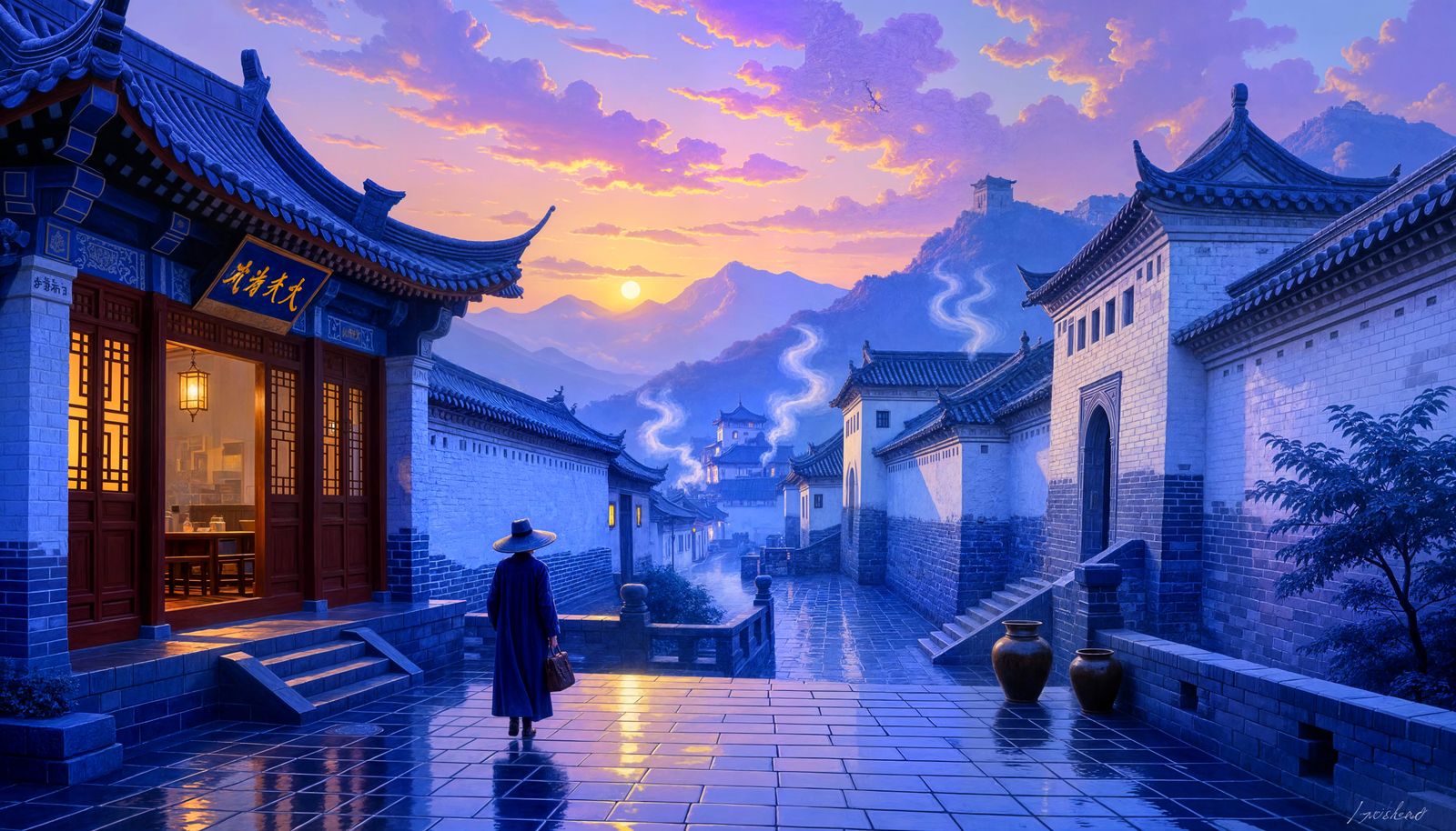 Ethereal Fantasy Painting of Misty Chinese Courtyard