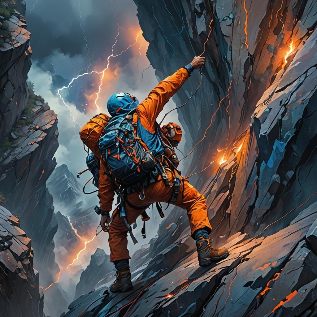 Climber's Terror: A Dramatic Oil Painting of Survival