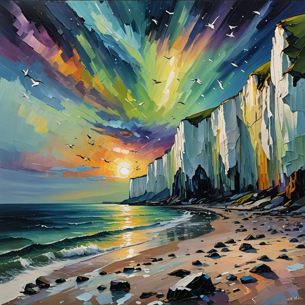 Dover's White Cliffs Under Northern Lights, Impasto Oil Pain...