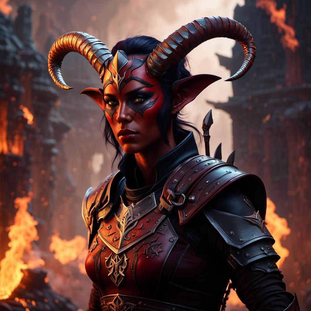 Red Tiefling Rogue in Eerie Fantasy World