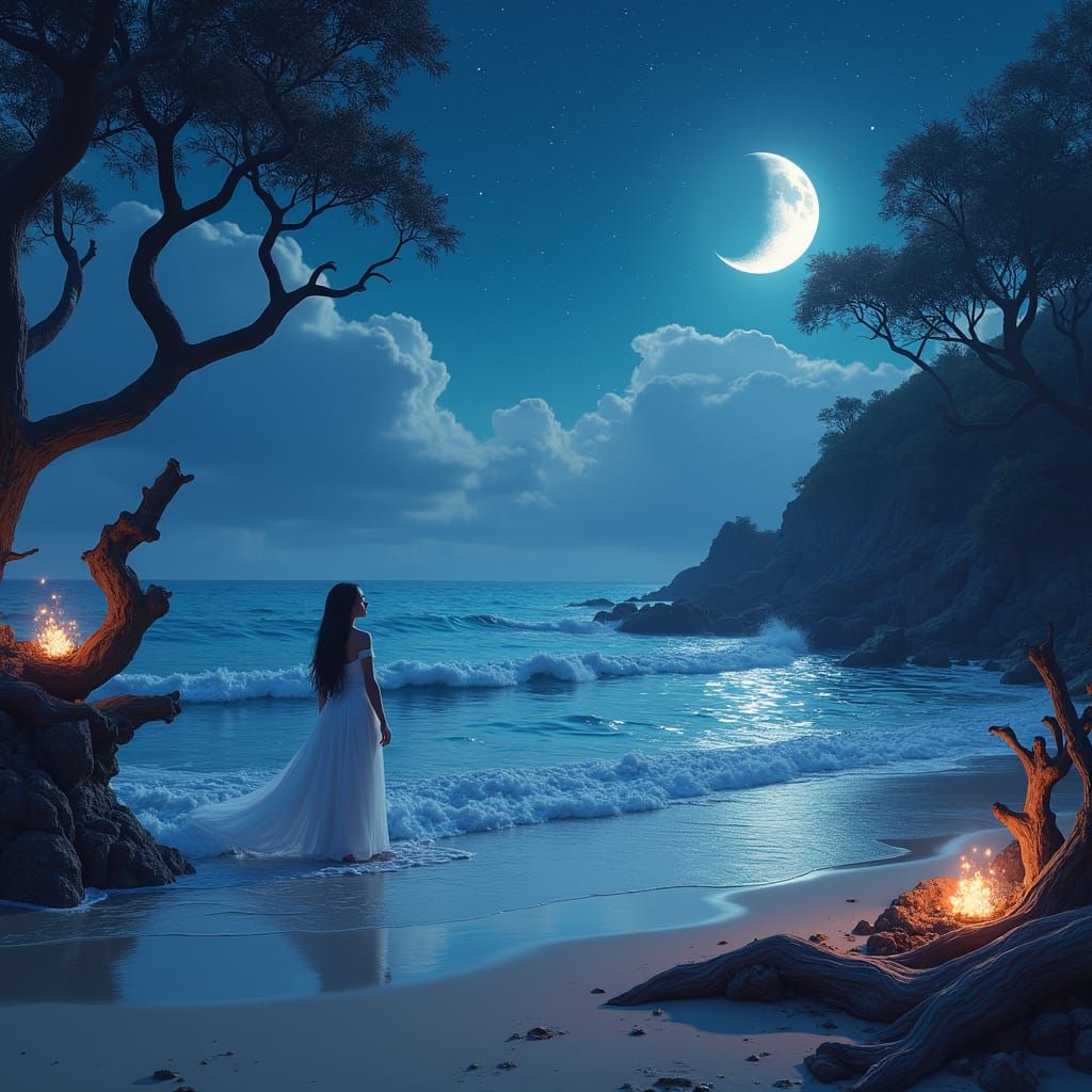 Ethereal Woman on Starry Beach: Fantasy Concept Art