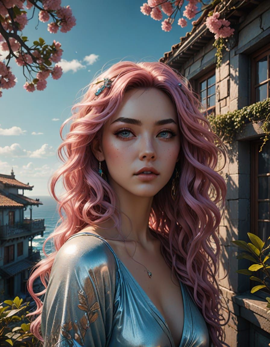 Dreamy Manga Woman Gazing at Ocean in Pop Art Style