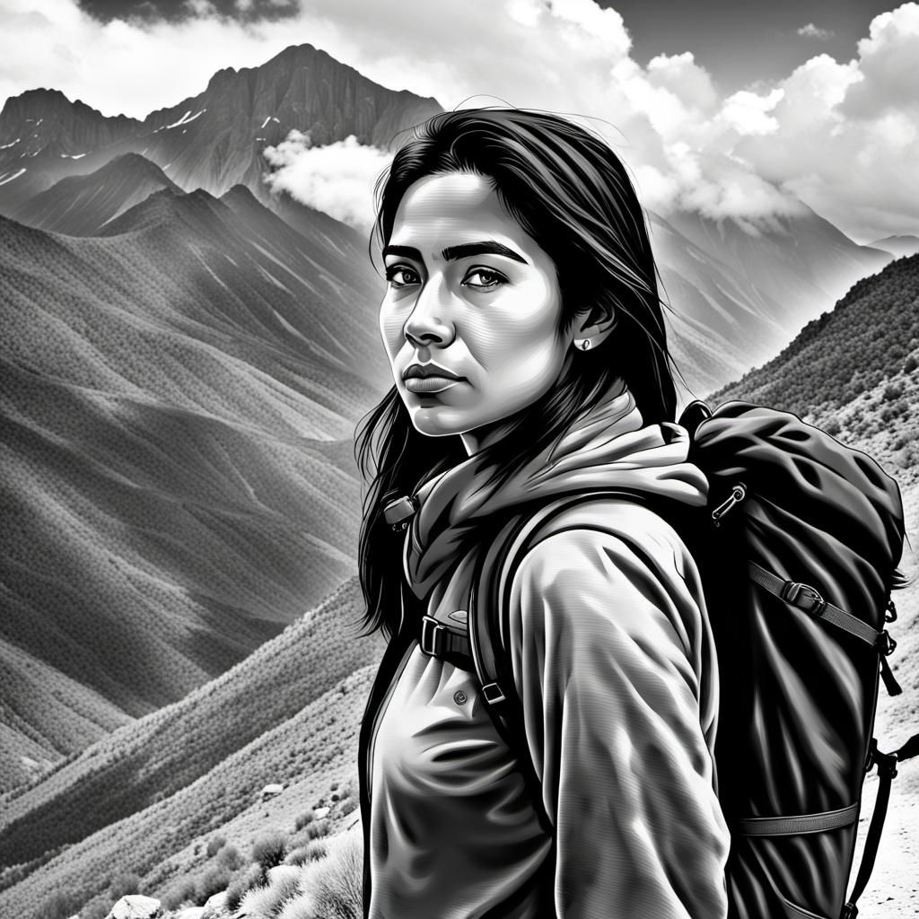 Monochrome Portrait: Woman Hiking in Mountain Scenery