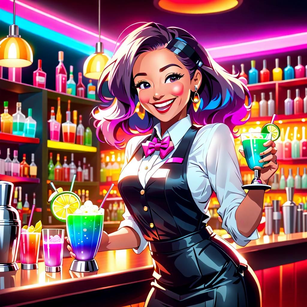 Energetic Bartender Shaking Cocktail Shaker in Anime Style