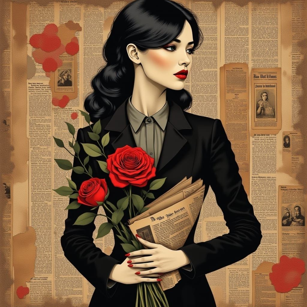 Woman with Roses in Surreal Collage Illustration