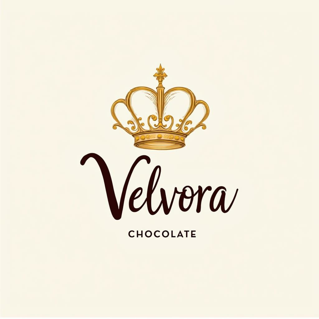 Luxurious Chocolate Logo Design with Golden Crown and Cursiv...