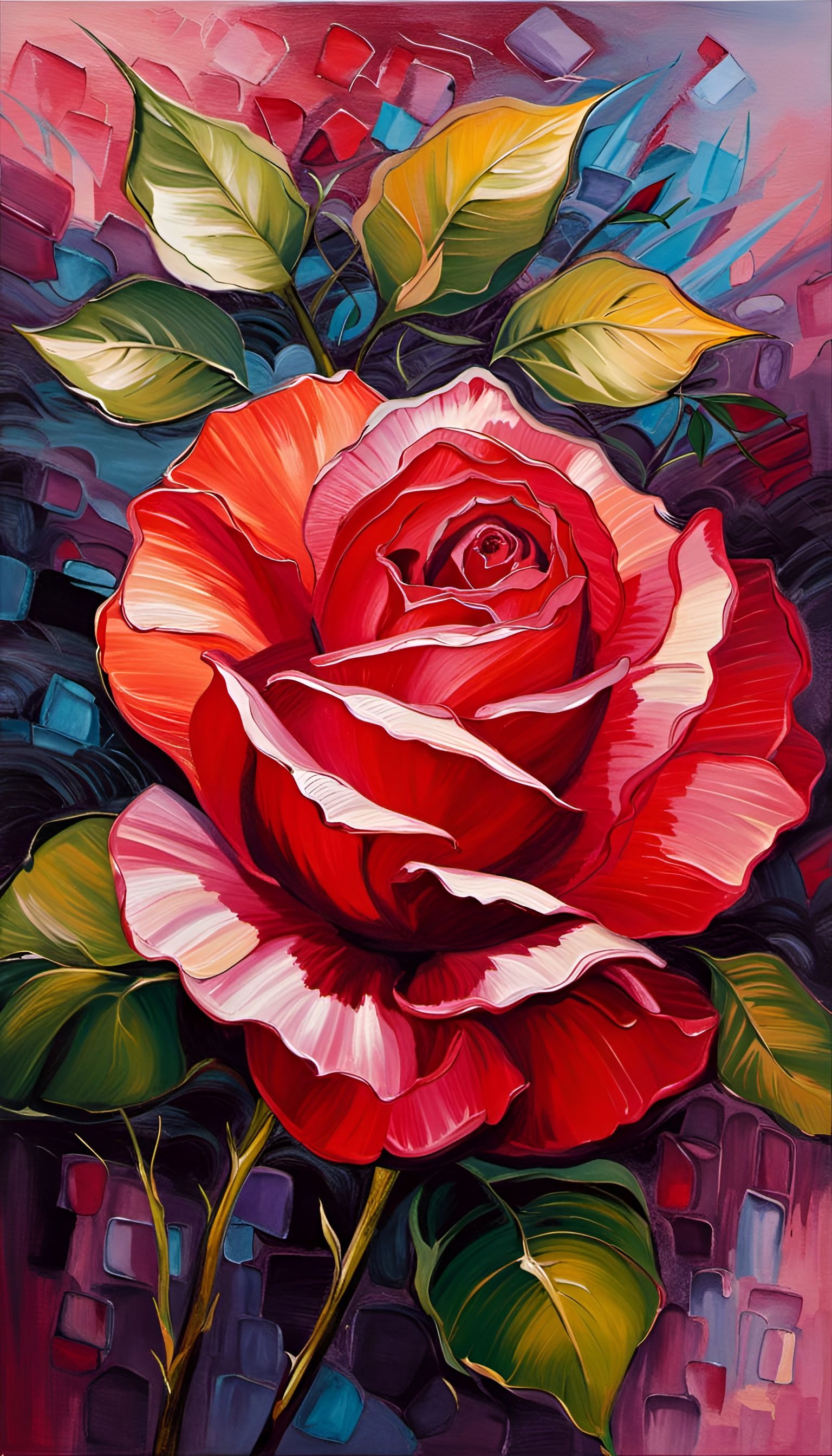 Voluminous Red Rose Impasto Oil Painting