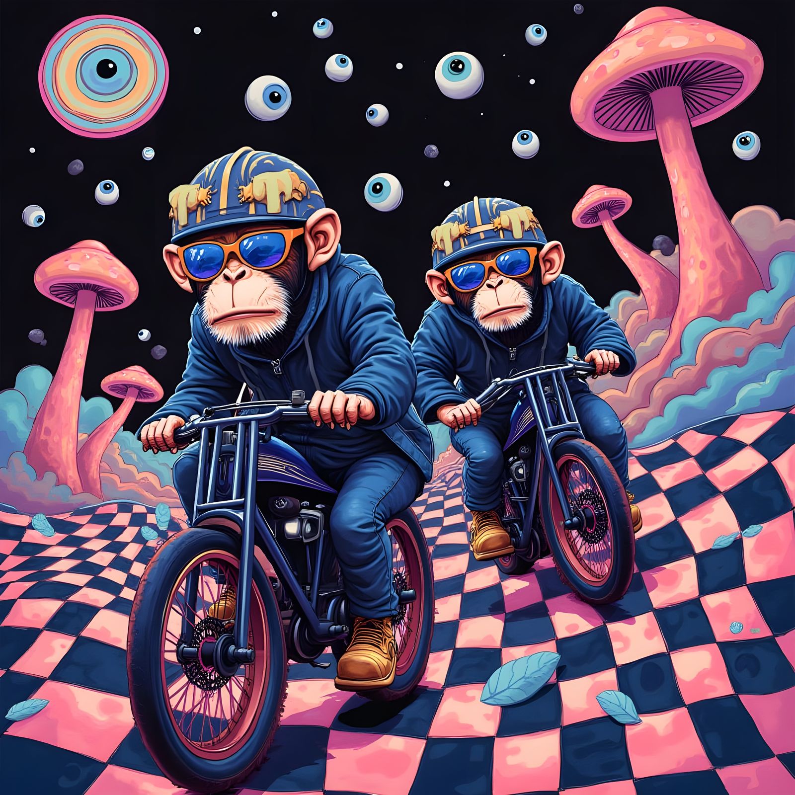 Biker Monkeys Ride Psychedelic Mushroom Landscape