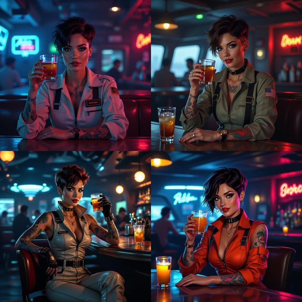 Retrofuturistic Pilot Relaxing at Bar