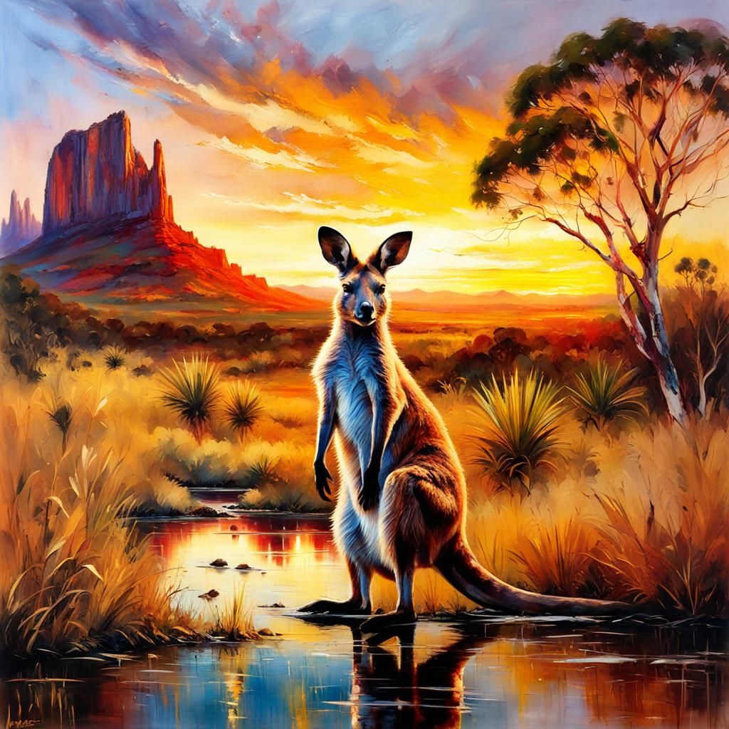 Encaustic Kangaroo in Australian Sunset Landscape