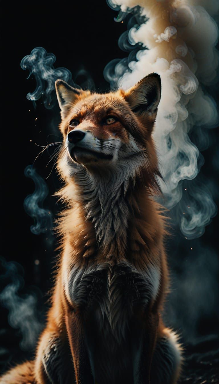 Epic Film Noir Alpha Fox on Smoky Black Background
