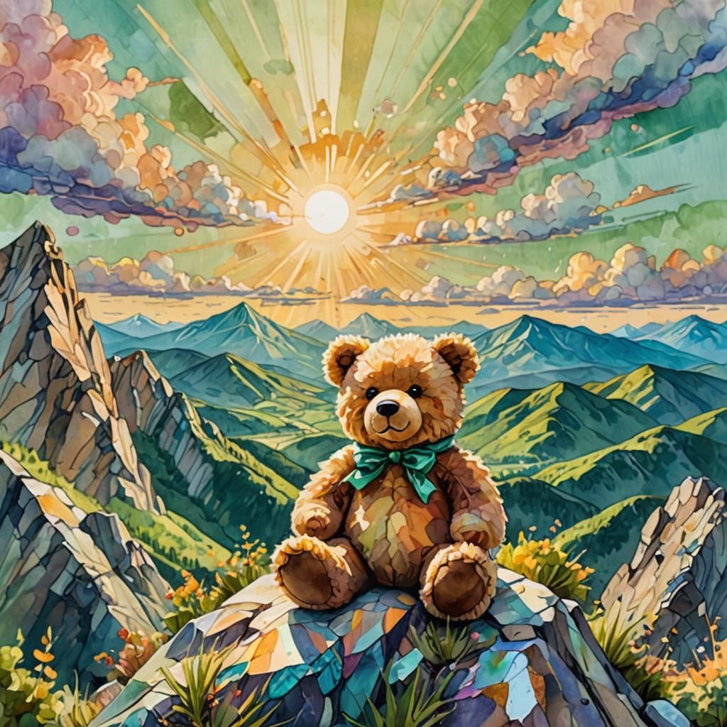 Colorful Teddy Bear Sunrise in Gouache Painting Style