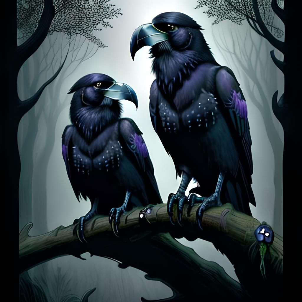 Odin's Ravens with Antlers in Dark Woods