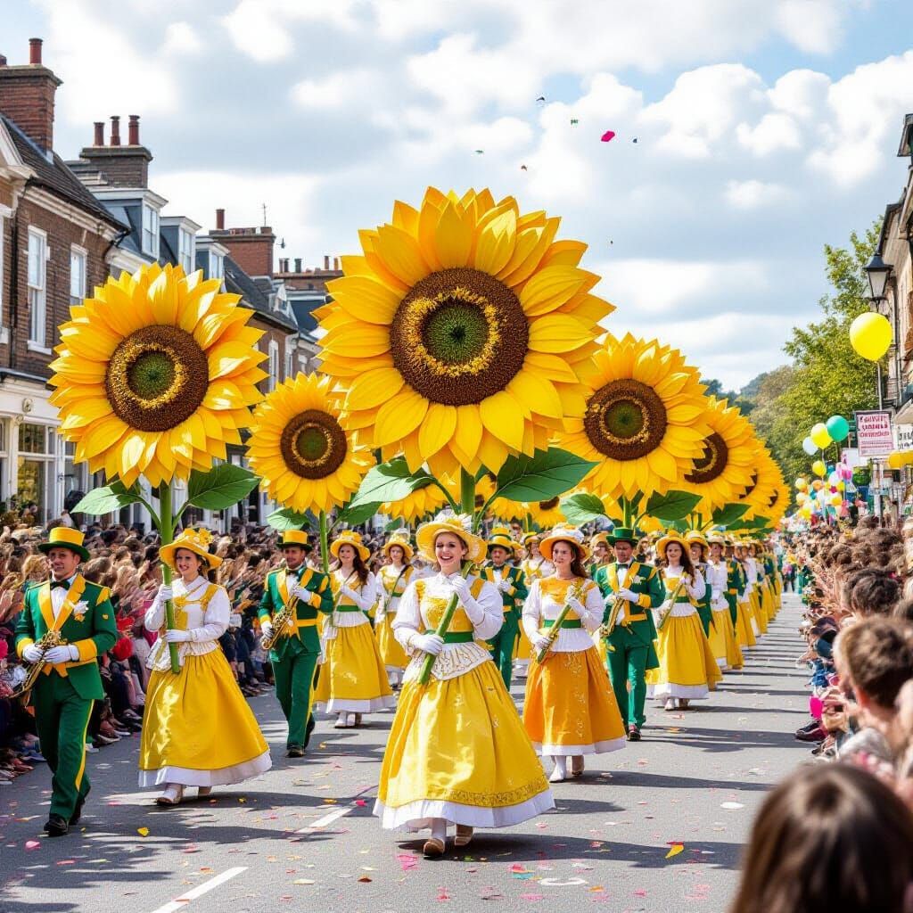 Vibrant Sunflower Parade with Whimsical Floats