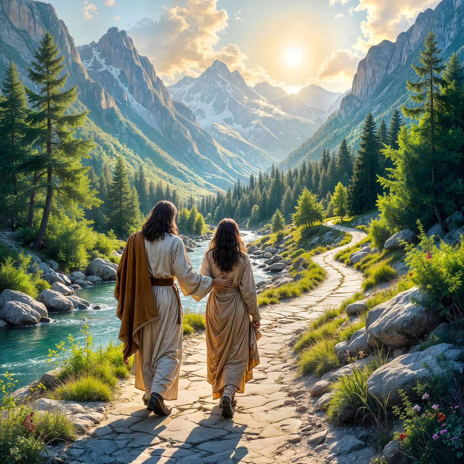 Jesus Guides Woman on Mountain Path