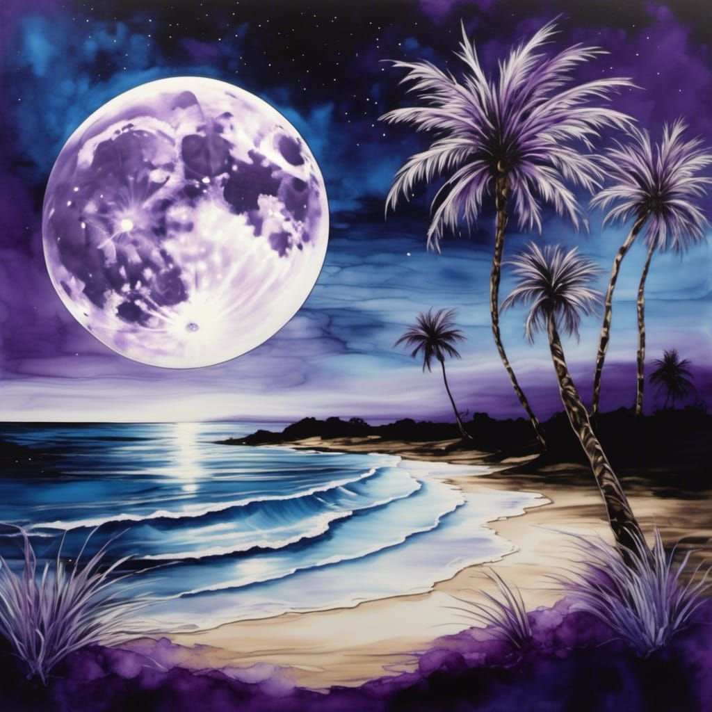 Moonlit Ocean Beach in Alcohol Ink Style