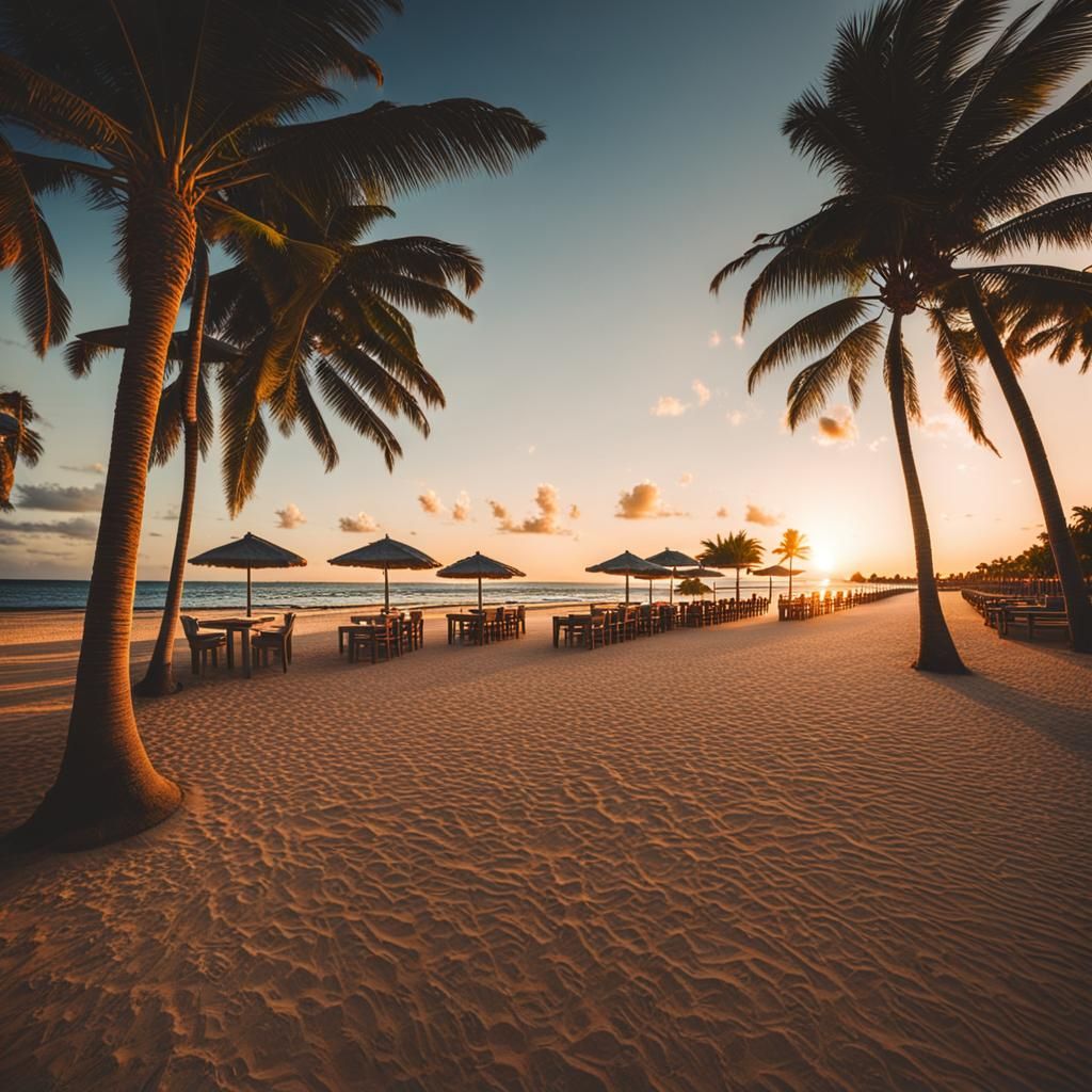 Tropical Beach at Sunset: Wide-Angle Paradise