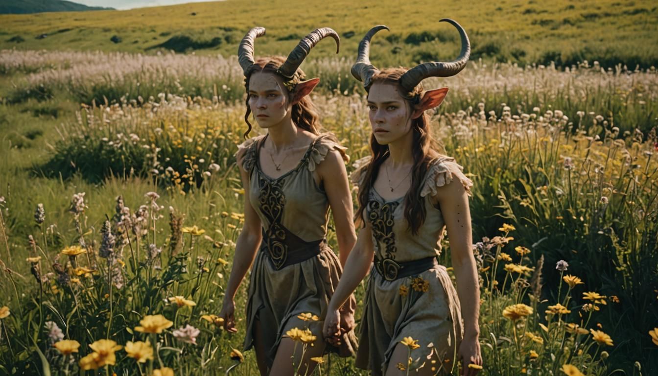 Faun and Girl Walking Through Flower Field
