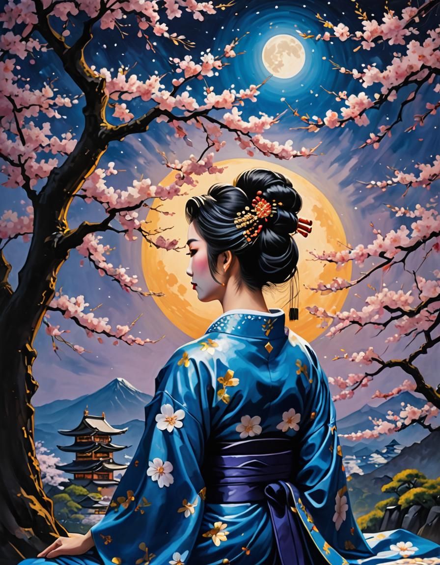 Geisha Meditating Under Sakura Tree: Impasto Oil Painting
