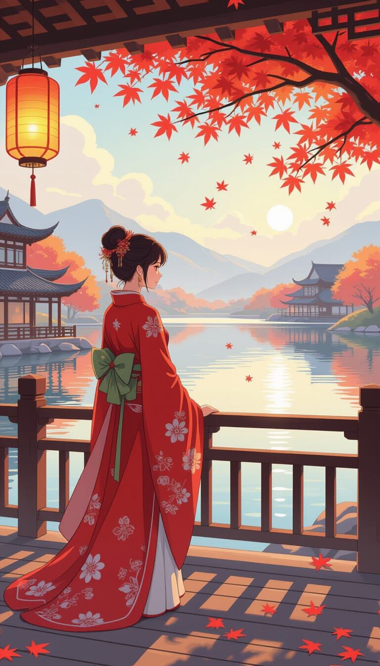 Woman in Hanfu Overlooking Lake in Anime Style