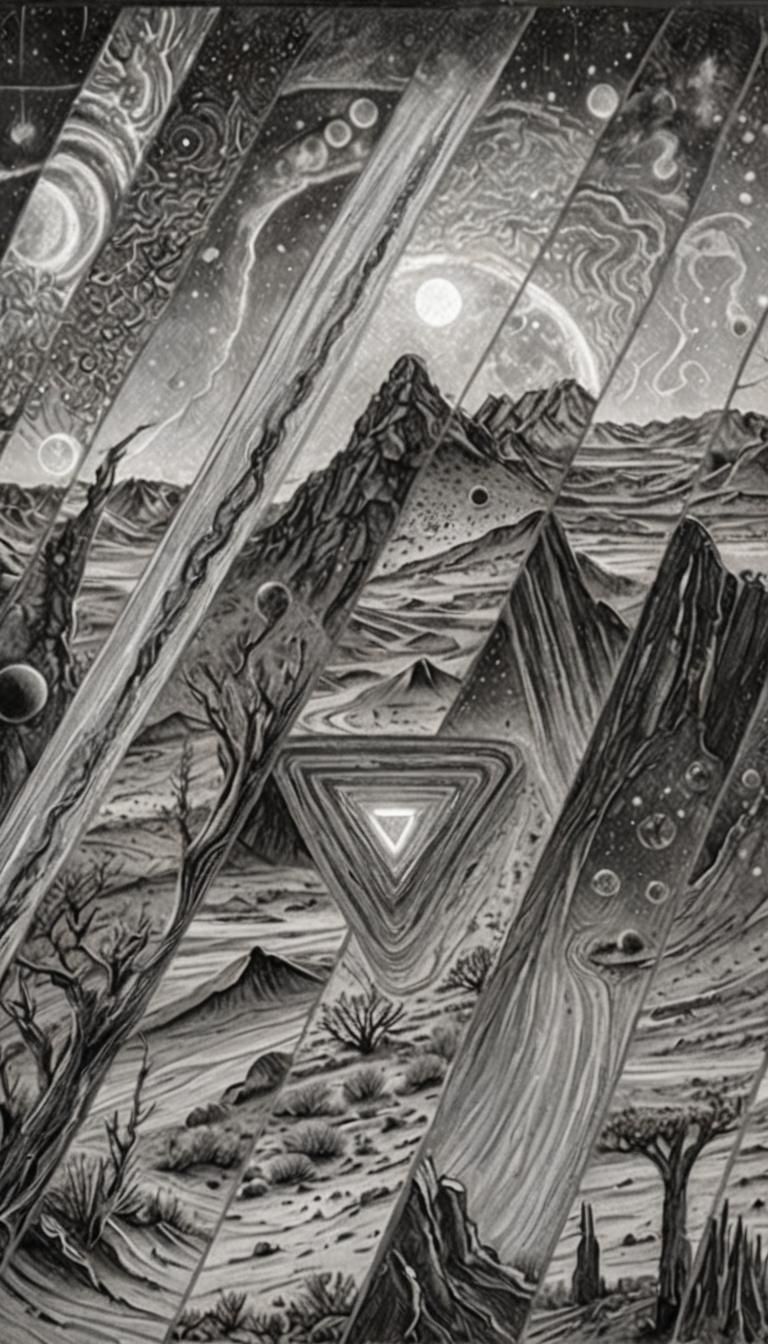 Cosmic Landscape: Charcoal Drawing of Sci-Fi Worlds