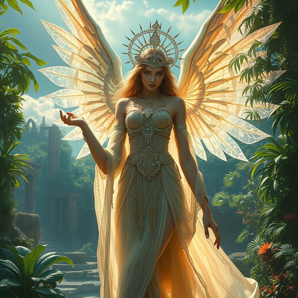 Ethereal Angel in Lemurian Attire Poses in a Mystical Realm