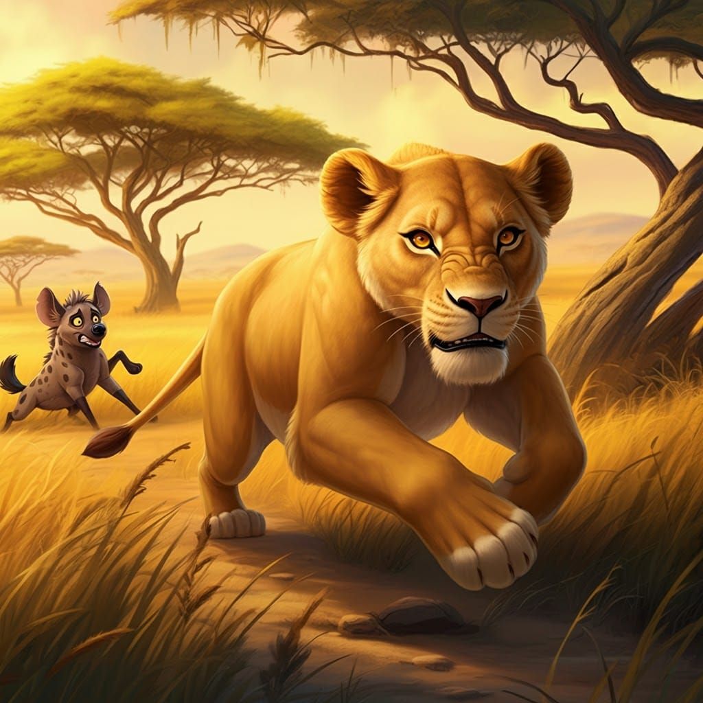 Ferocious Lioness and Timid Hyena on the Savannah