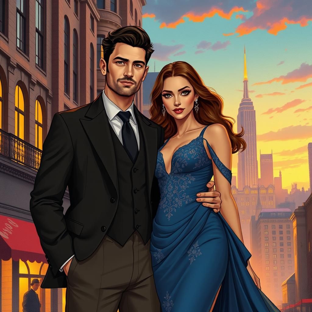 Elegant Couple in Cityscape: Art Nouveau Digital Painting