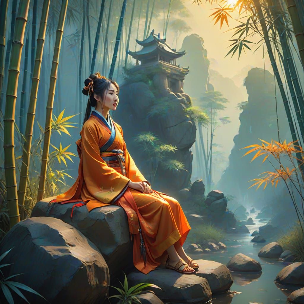 Ancient Chinese Girl in Vibrant Bamboo Forest