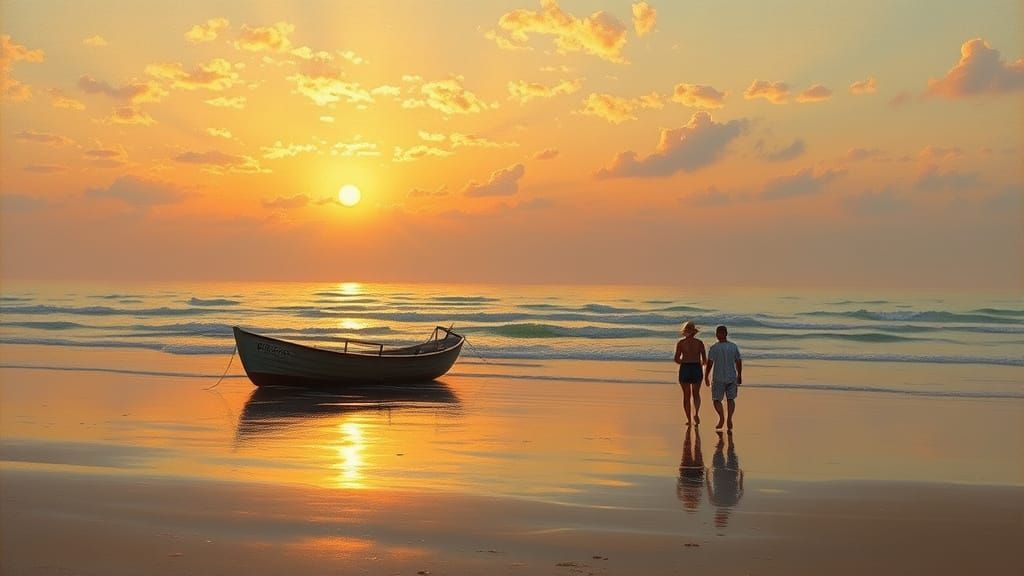 Sunset Beach with Boat in Impressionist Style