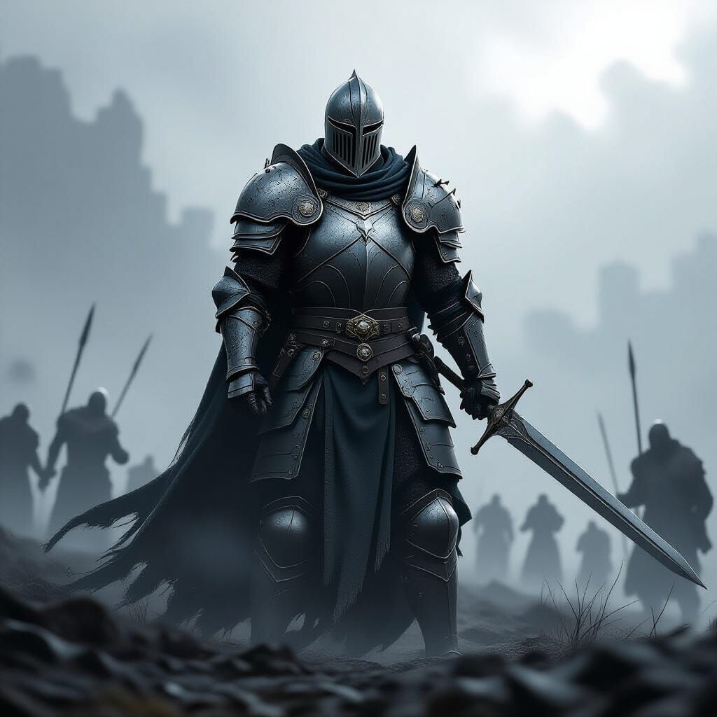 Epic Fantasy Knight on Misty Battlefield