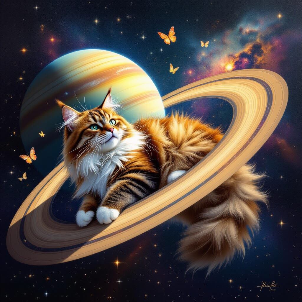 Cosmic Cat Dream: Saturn's Rings in Surreal Art