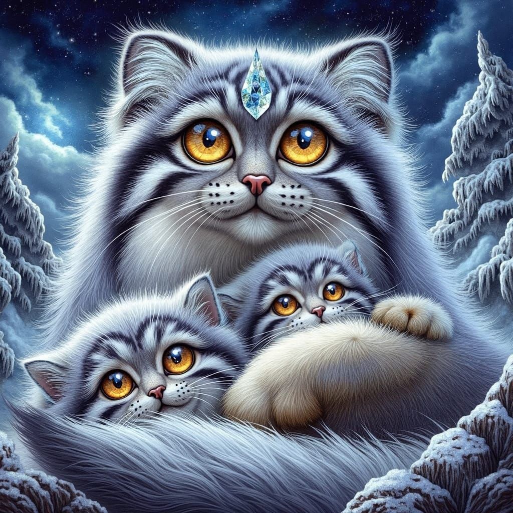 Serene Pallas Cat Protects Kittens in Cozy Snowy Burrow