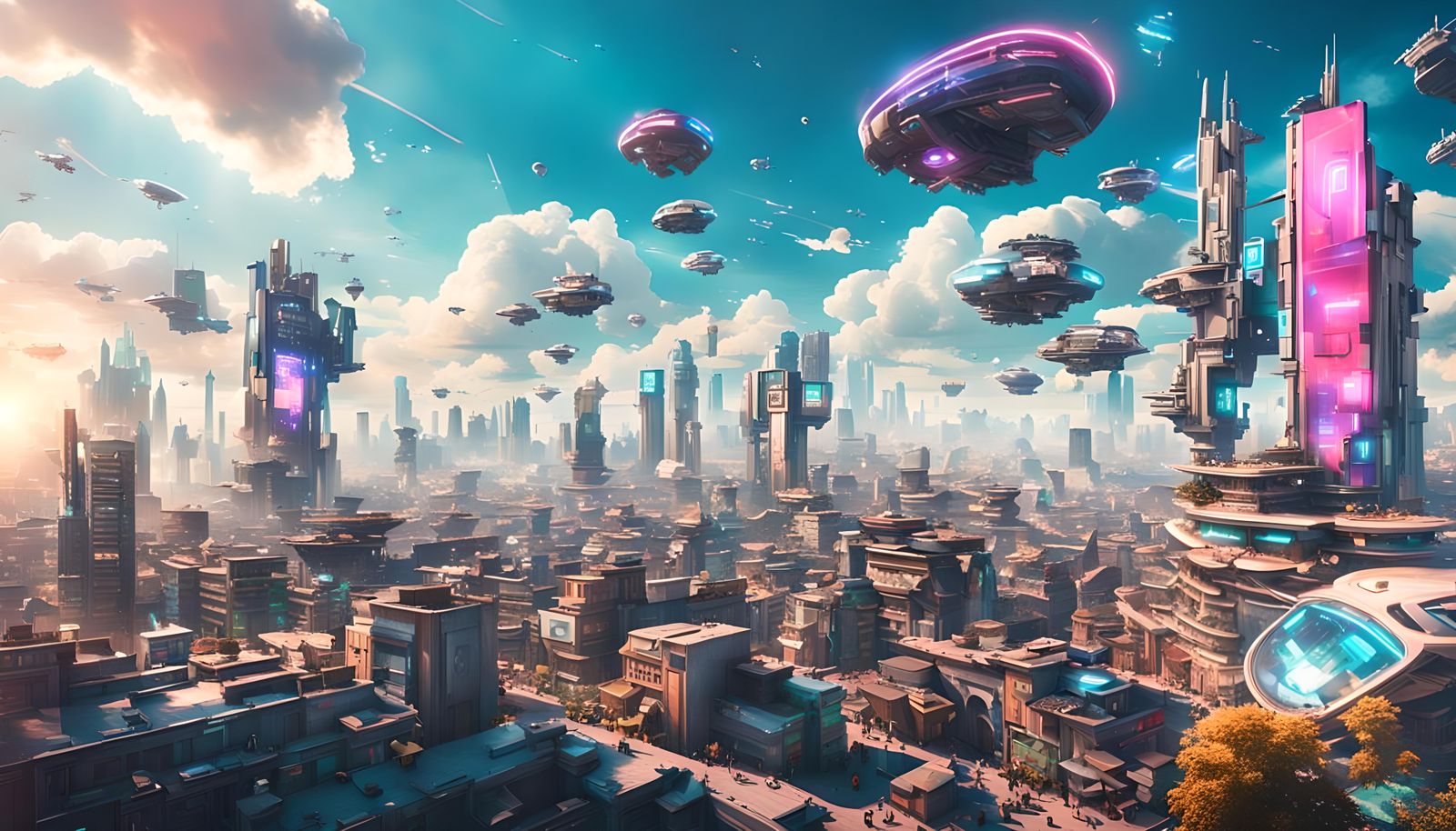 Cyberpunk Cityscape with Flying Cars and Neon Billboards