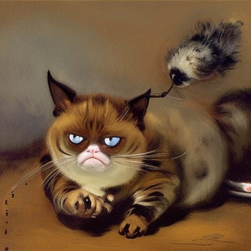 Grumpy Cat and Silly Mouse in Classic Art Style