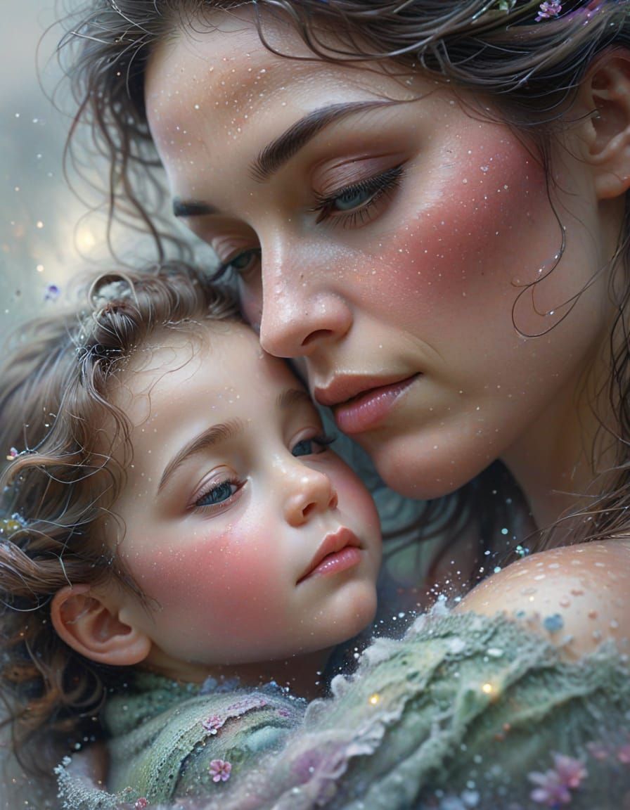 Mother Cradles Baby in Ethereal Fantasy Mist