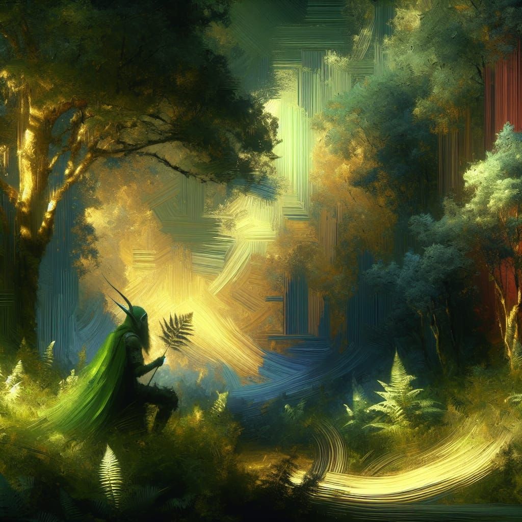 Green Elf Sheltering in Forest: Matte Painting