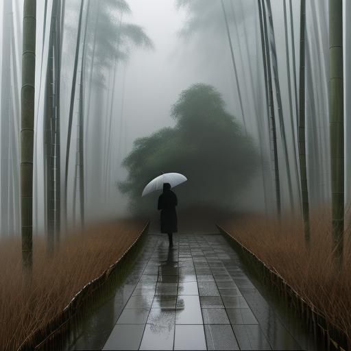 Misty Bamboo Path in Rain: Japanese Watercolor