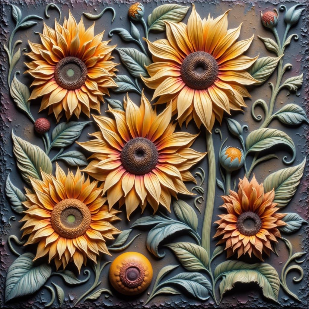 <lora:-Savagela-:1.0> Sunflowers After the Storm
Color Palette: golden yellow, burnt orange, stormy gray, vibrant emeral...
