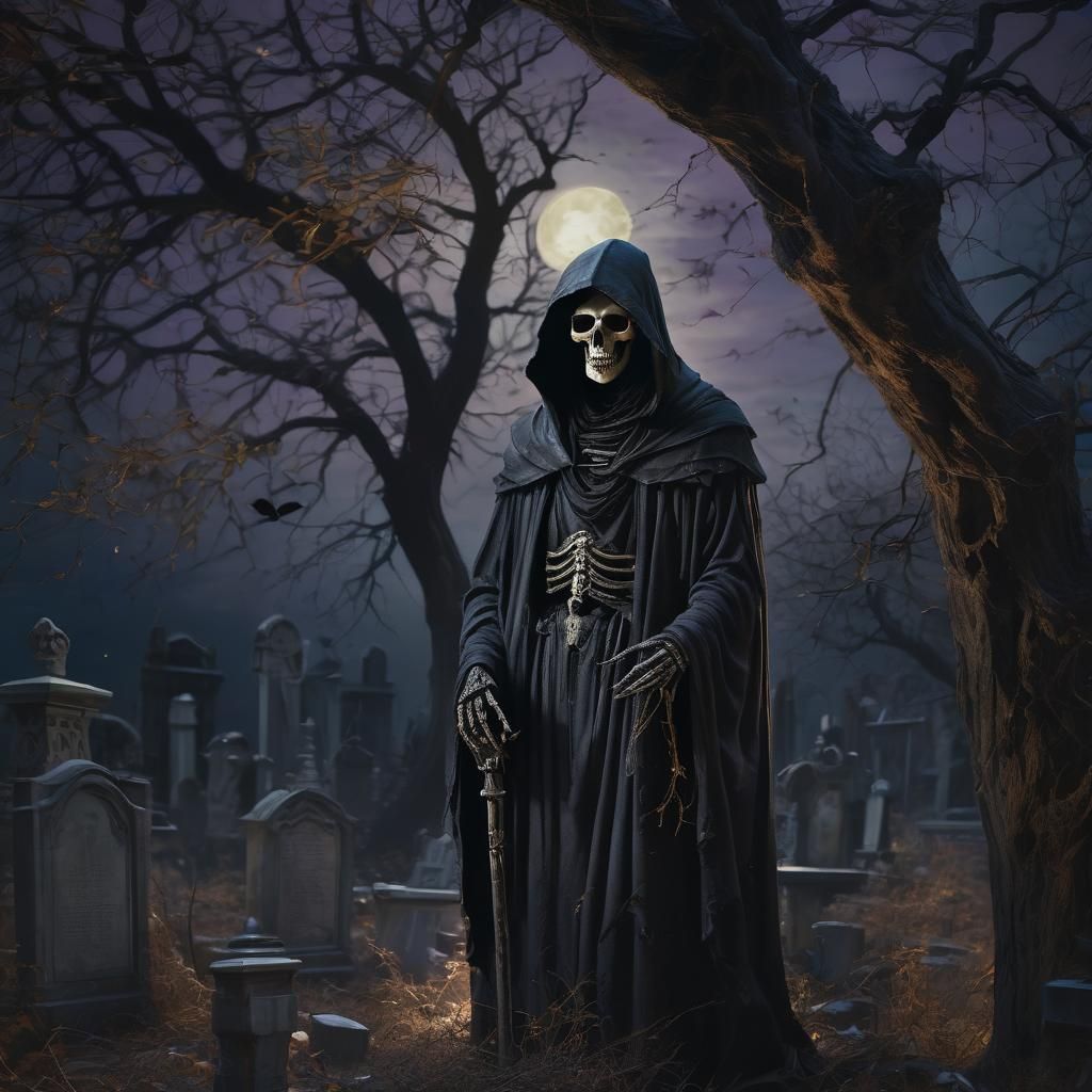 Grim Reaper in Moonlit Graveyard: Gothic Oil Painting