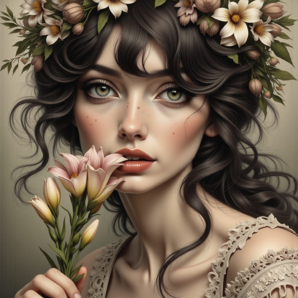 Woman with Lily in Art Nouveau Charcoal Style