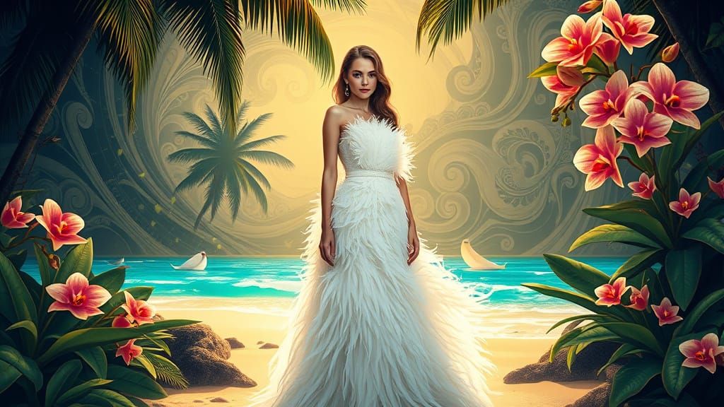 Woman in Feather Dress on Paradise Beach