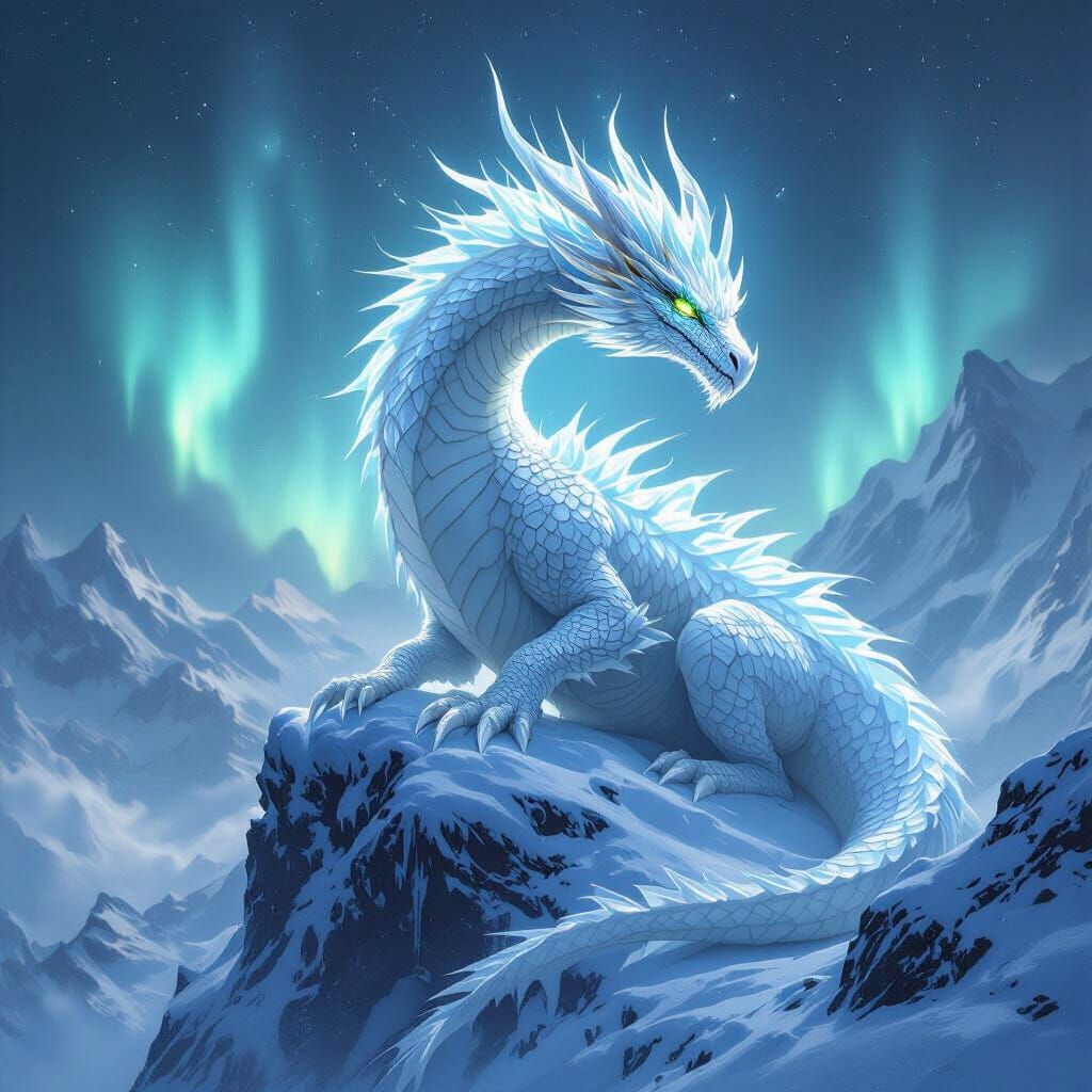 Majestic Ice Dragon on Frozen Peak Under Aurora