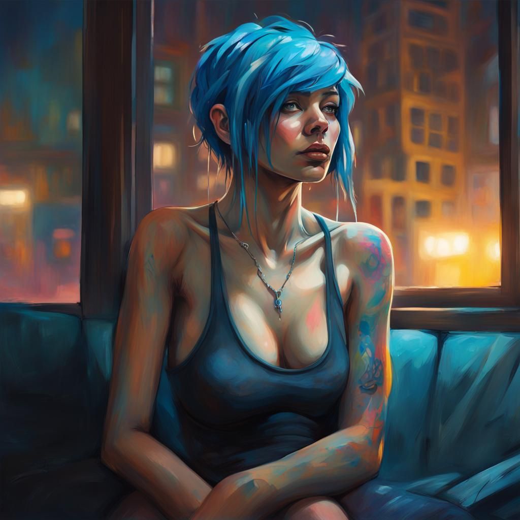 Stern Blue-Haired Woman in Graffiti Art Style