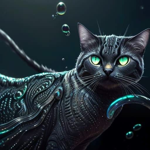 Surreal Ferrofluid Cat in Bio-Mechanical Style