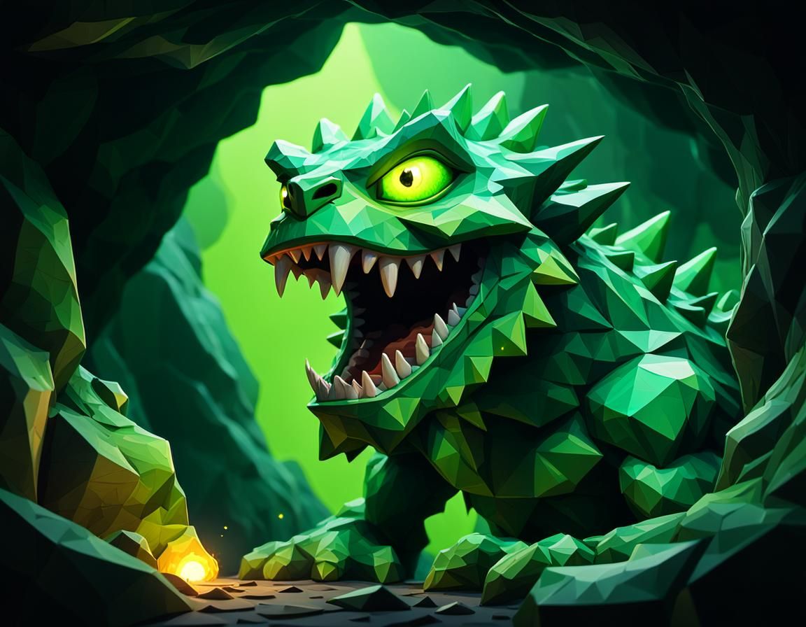 Green Monster Roars in Dark Cave: Low-Poly Art
