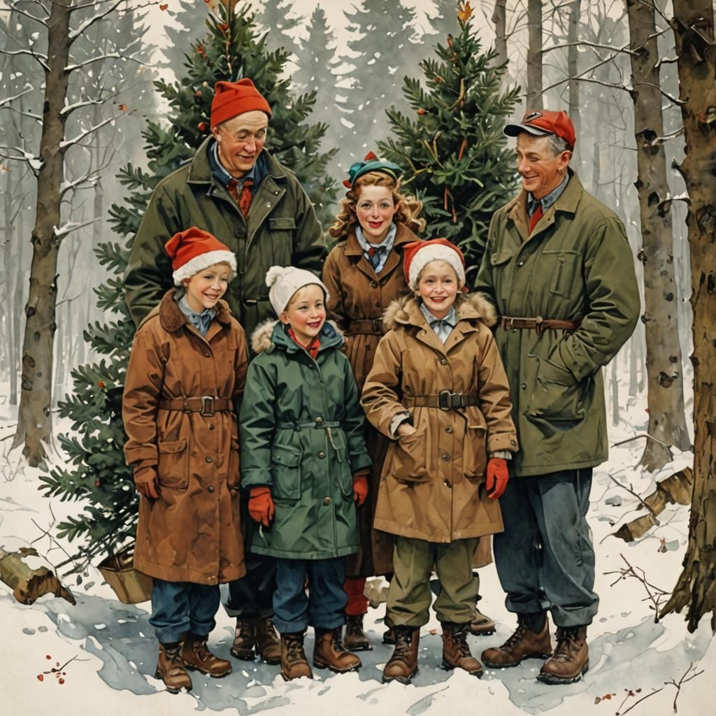 Family Christmas Tree Cutting in Snowy Forest Watercolor