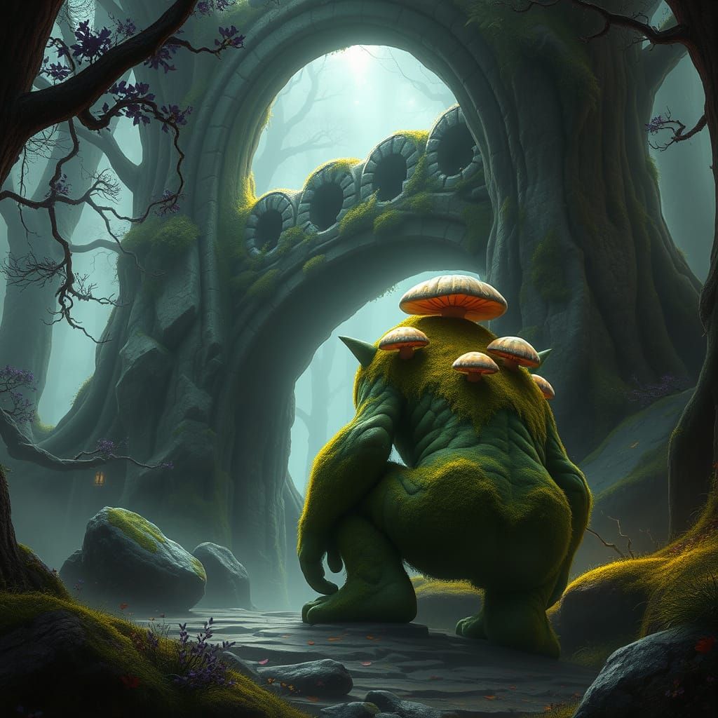Mossy Forest Troll Under Stone Bridge, Fantasy Art