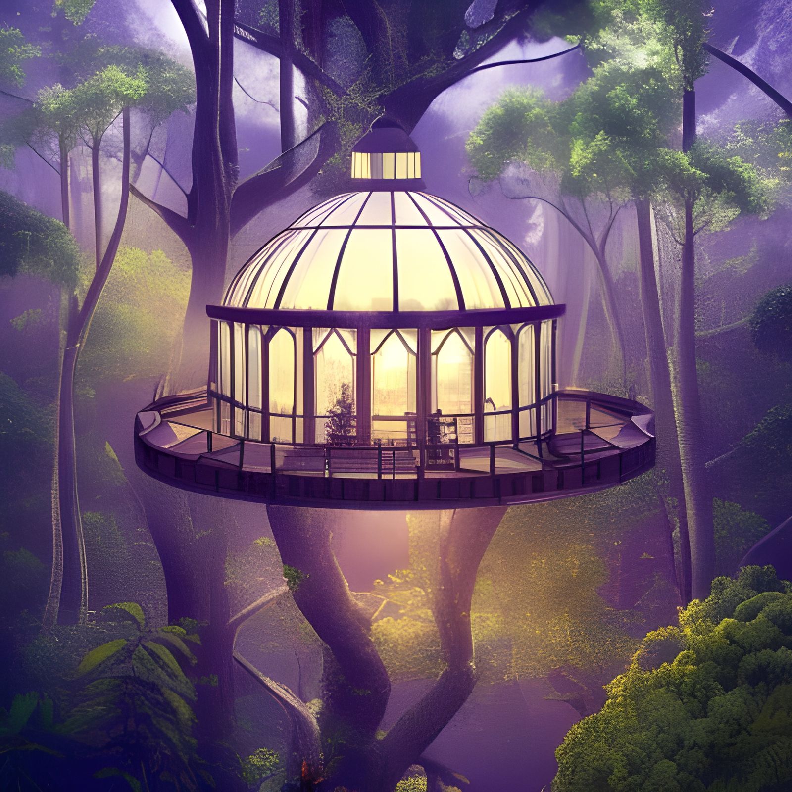Glass Dome Tree House in Forest: Digital Matte Painting