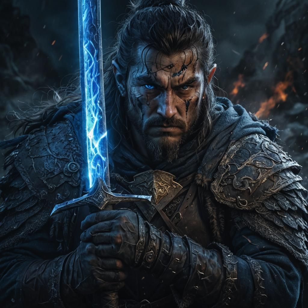 Warrior with Sword in Battle: Photorealistic Portrait